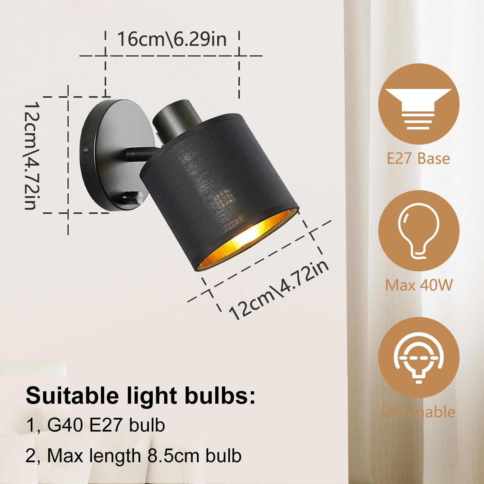 Lightess Wandlampe mit Schalter Dimmbar Vintage, Wandleuchte Innen E27 Retro mit Schwarz Stoff Lampenschirm, Industrial Nachttischlampe Wand für Wohnzimmer Schlafzimmer Flur