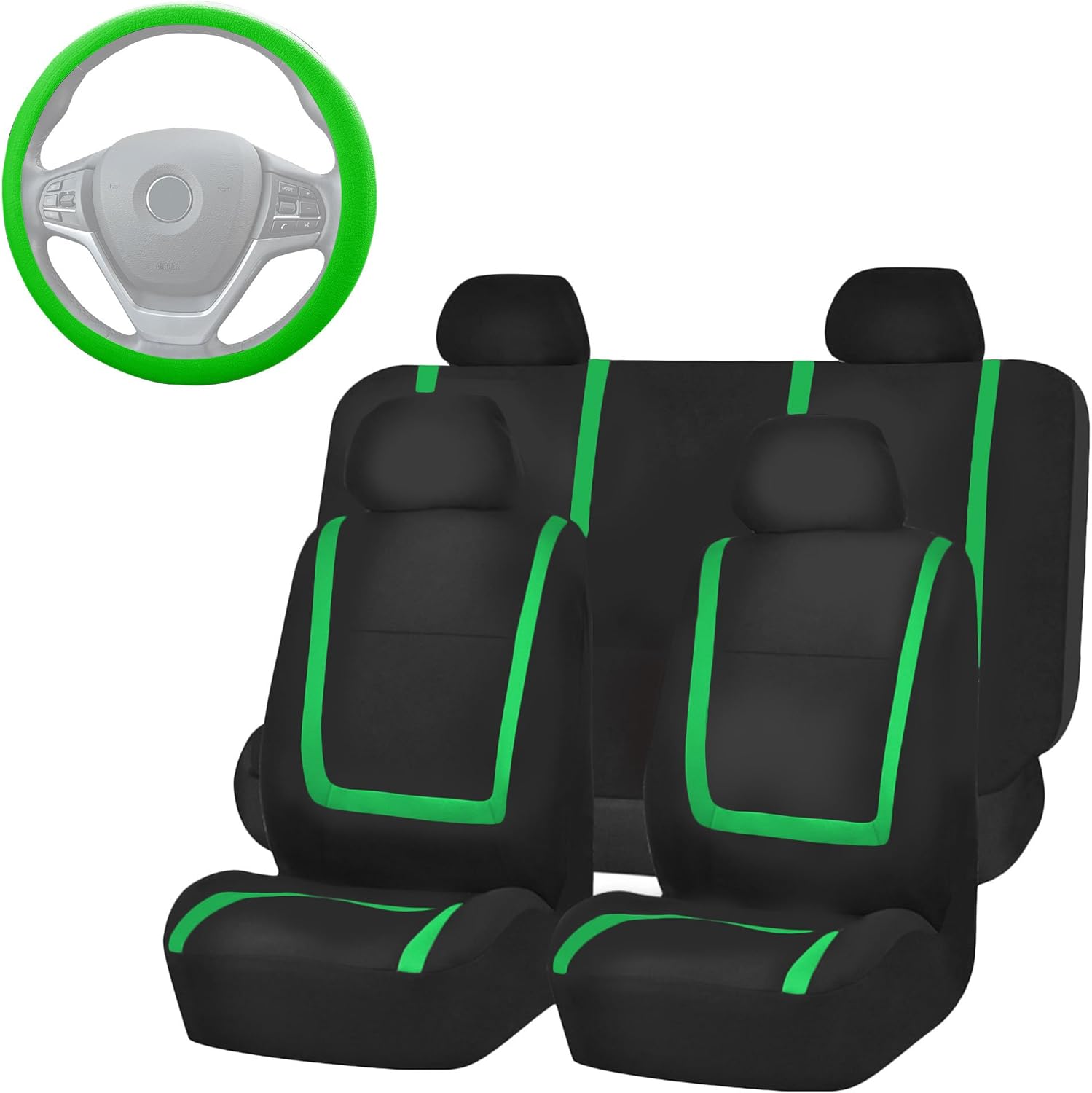 FH Group Unique Flat Cloth Full Set Car Seat Covers w. Silicone Steering Wheel Cover- Universal Fit for Most Cars, Trucks, SUVs or Vans (Green/Black)