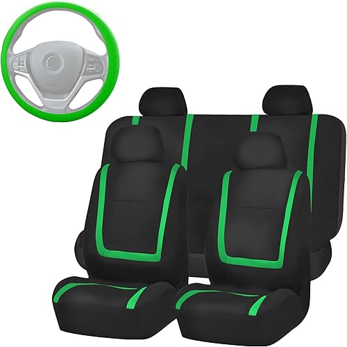 Miniatura 32 de FH Group FB032114 - Juego completo de fundas para asientos de coche con paño plano Funda de silicón para volante, color negro sólido, se adapta a