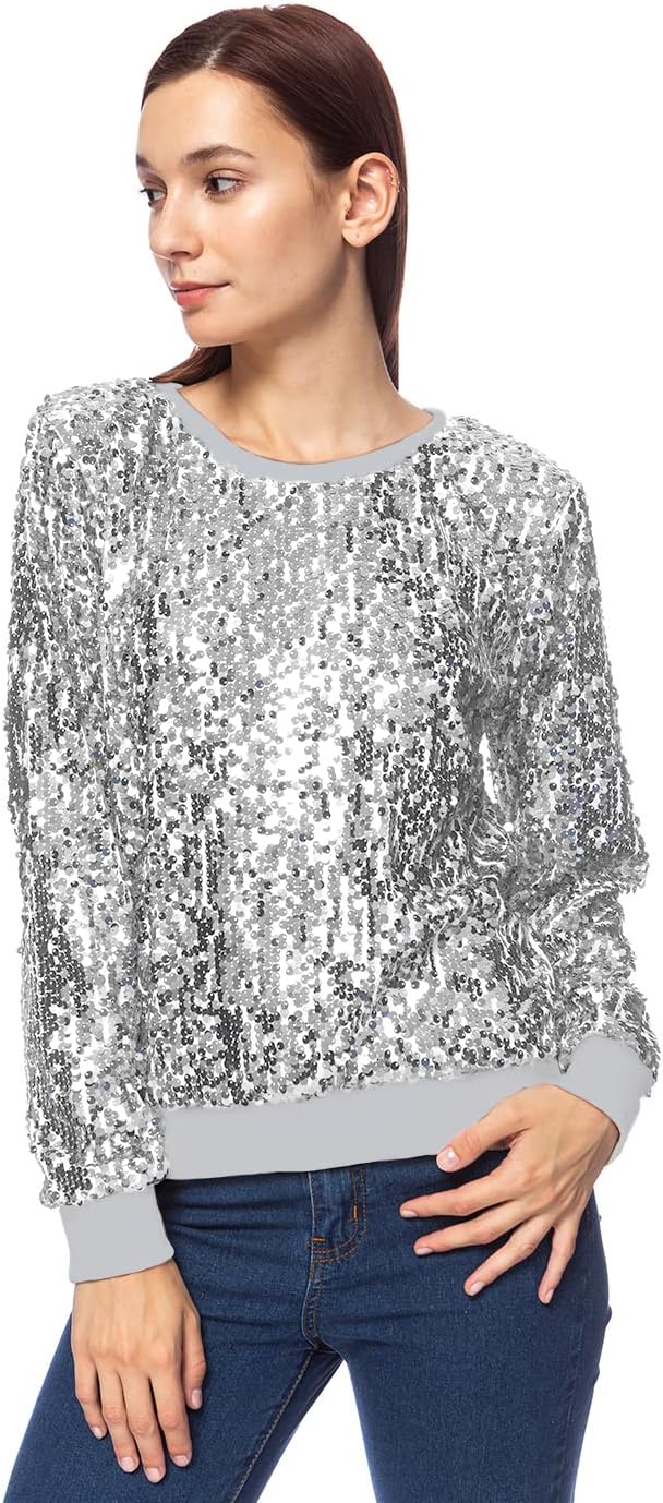 Anna-Kaci Women's Glitter Sequin Sweatshirt Long Sleeve Pullover Tops with Ribbed Cuffs - Image 2