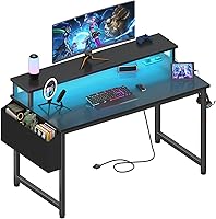 Lufeiya 40 Inch Black Gaming Desk with RGB LED Lights, Power Outlets, Monitor Stand & USB Charging - Home Office Computer Desk