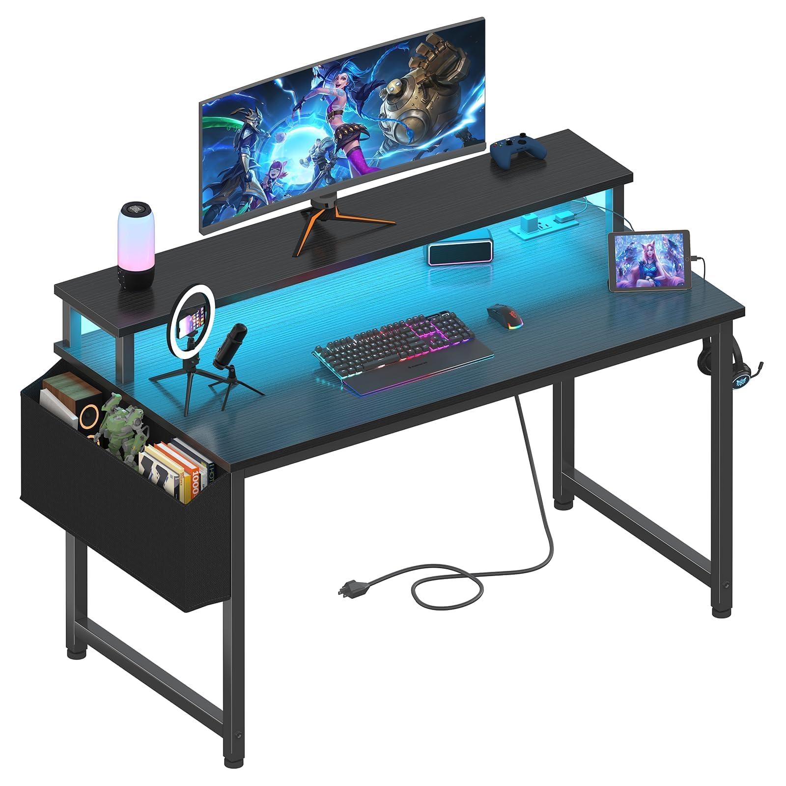Lufeiya Black Gaming Desk with LED Lights and Power Outlets, 40 Inch Teen Writing Study Table Home Office Desks with Monitor Stand, Computer Desk with Charging Station USB Port, Black