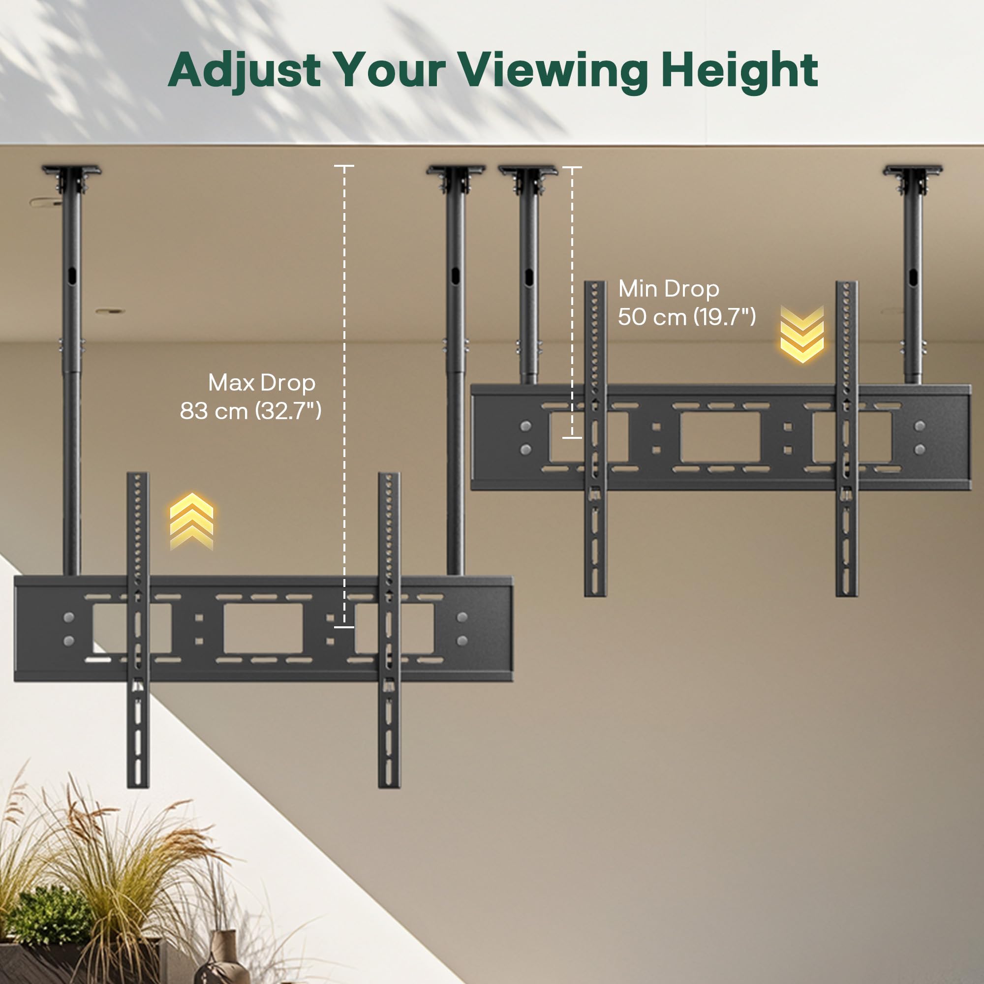 SYLVOX Soporte de techo con doble barra para televisor LED CD OLED de 55 a 75 pulgadas, máx. VESA 900 x 600 mm, soporta hasta 45 kg, ajuste de altura completa, soporte de techo para TV
