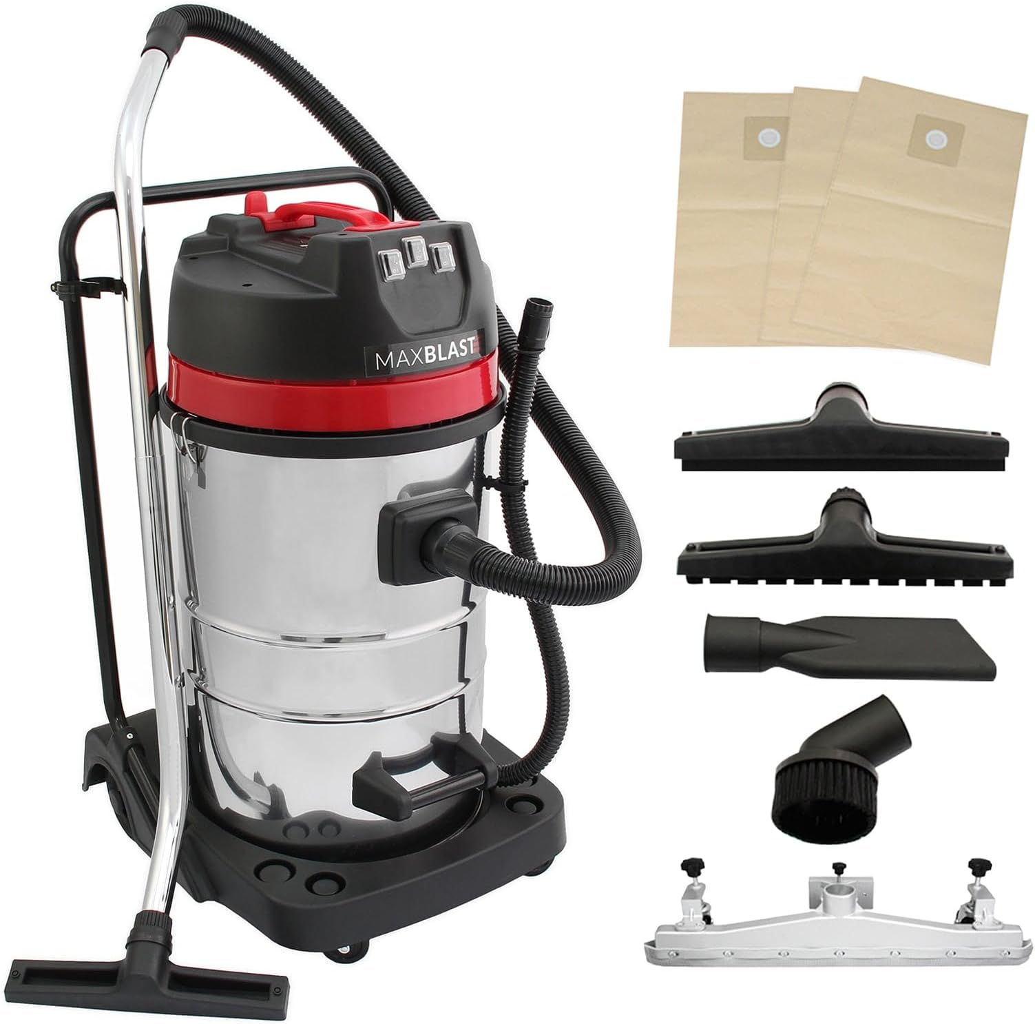 – Industrial Vacuum Cleaner 80L Wet & Dry 5 Attachments Commercial Cleaning 3000W Triple Motor Stainless Steel Cloth Filter 1.5m Hose 9m Cable Bagless or Bagged 3 x FREE Hoover Bags