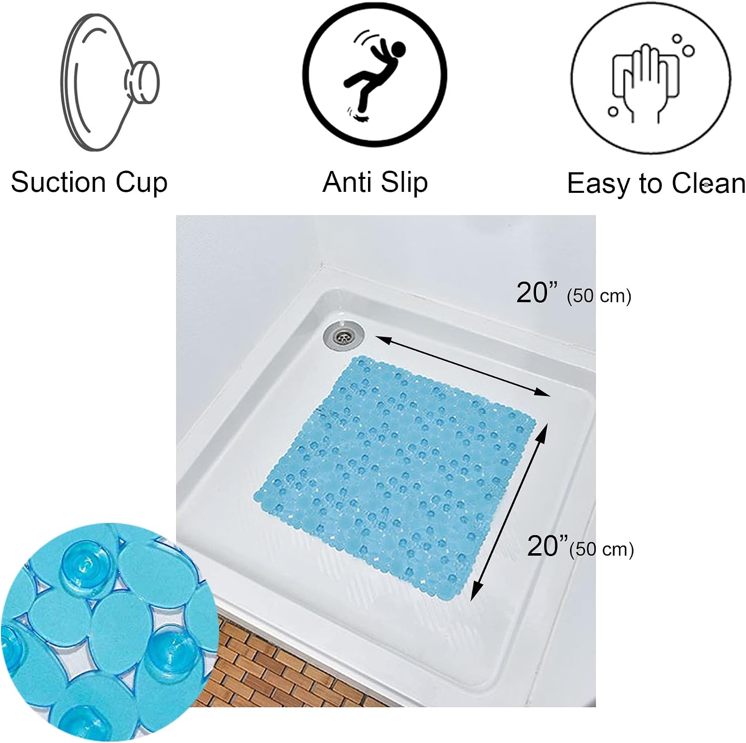 Bubbles Non-Slip Square Shower Mat Clear Aqua Blue 20″L X 20″W