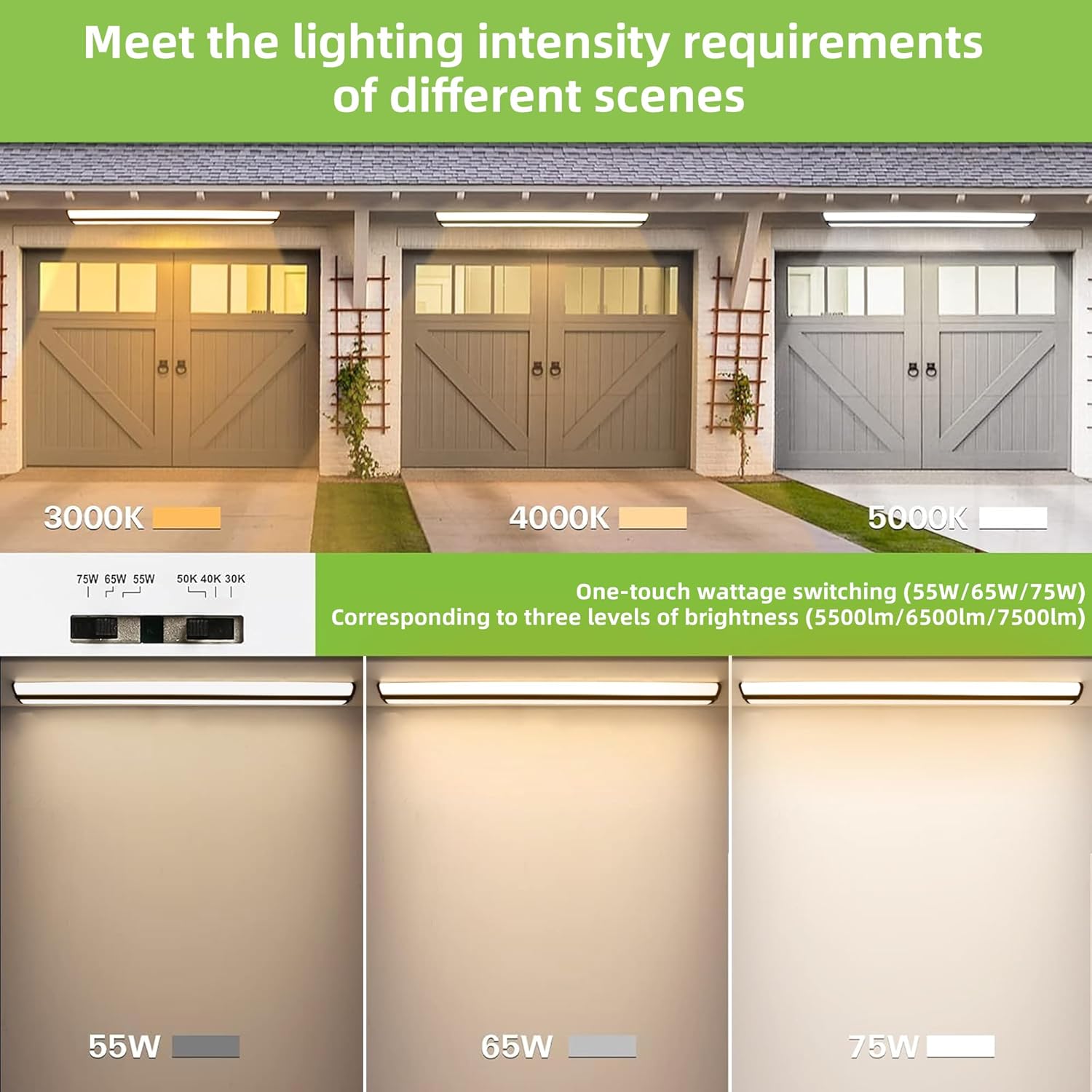 hykolity 4FT LED Wraparound Light with 3 Wattages/3 Lumens/3 CCT Selectable,55W/65W/75W,5500lm/6500lm/7500lm,3000K/4000K/5000K Flush Mount Ceiling Light for Office Kitchen,ETL,4 Pack Black-3CCT 4FT-4Pack