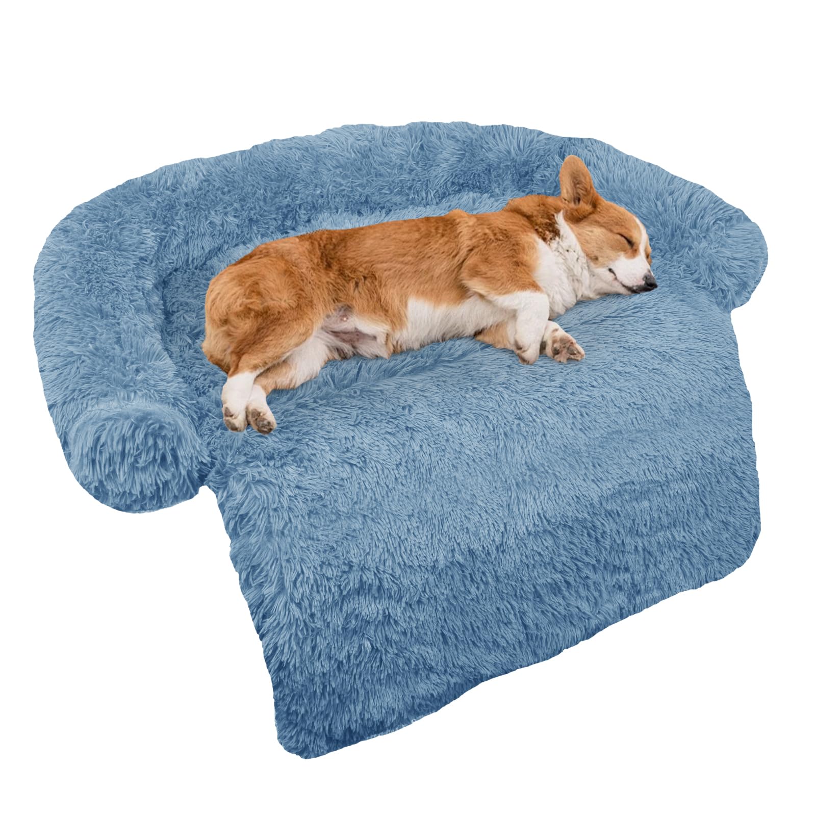 GGIB Calming Dog Bed Fluffy Plush Dog Mat for Furniture Protector with Removable Washable Cover for Large Medium Small Dogs and Cats (Medium, Navy)