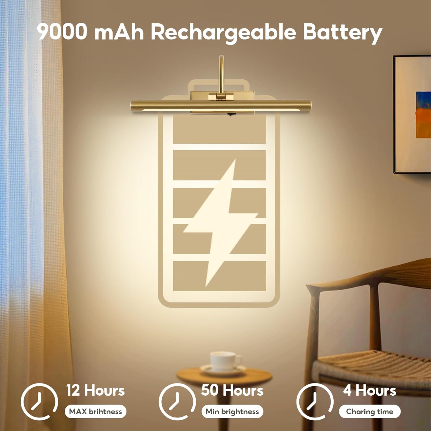 20" Wireless Battery Operated Picture Light for Wall Brass Gold Rechargeable Wall Light with Remote and Timer 9000mAh Art Light for Paintings 3CCT Dimmable Art Light for Pictures Display