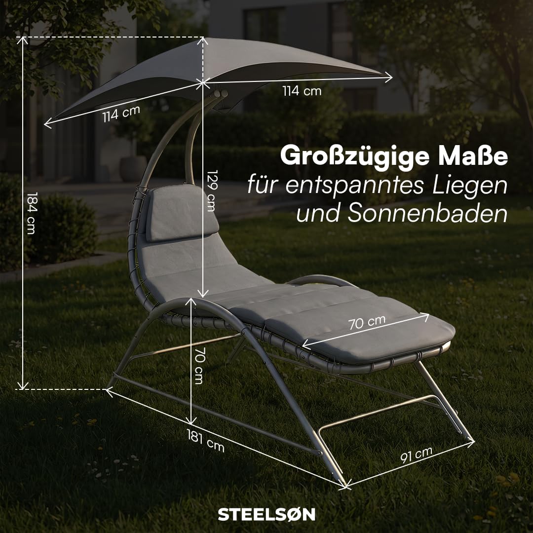 STEELSØN Nyria Sonnenliege mit Kissen Anthrazit – Gartenliege verstellbares Sonnendach – Liegestuhl bis 120 kg – Balkonliege wetterfest – Relaxliege großzügige Liegefläche – Outdoor Liege mit Gestell