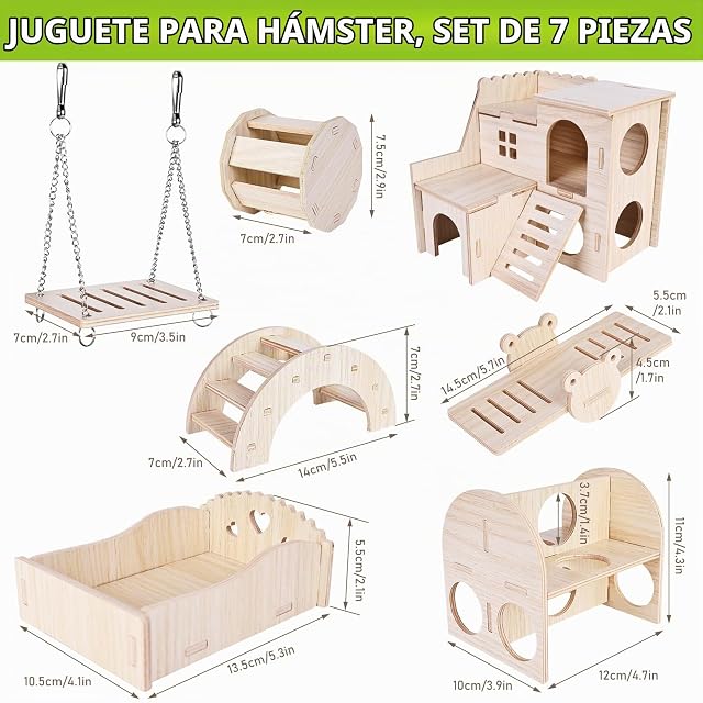 Foto 2 de 7 de Vegena juguete para hámster, casa DIY de madera, 7 piezas, carrete de campana, puente, columpio