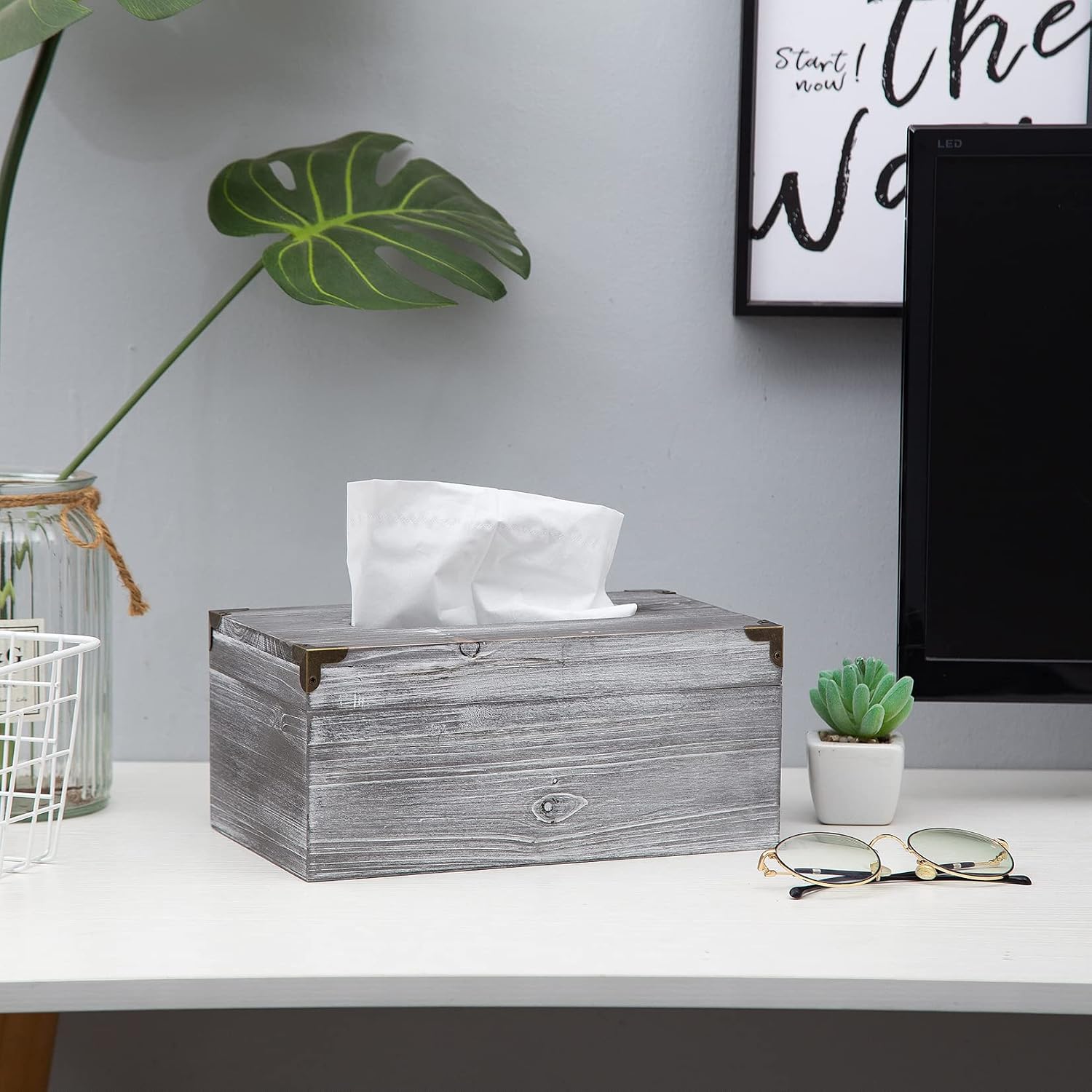 Distressed Wooden Rustic Tissue Box Holder Tissue Box Cover Napkin Dispenser for Bathroom Living Room Dining Room Bedroom Toilet (Grey White) image 5