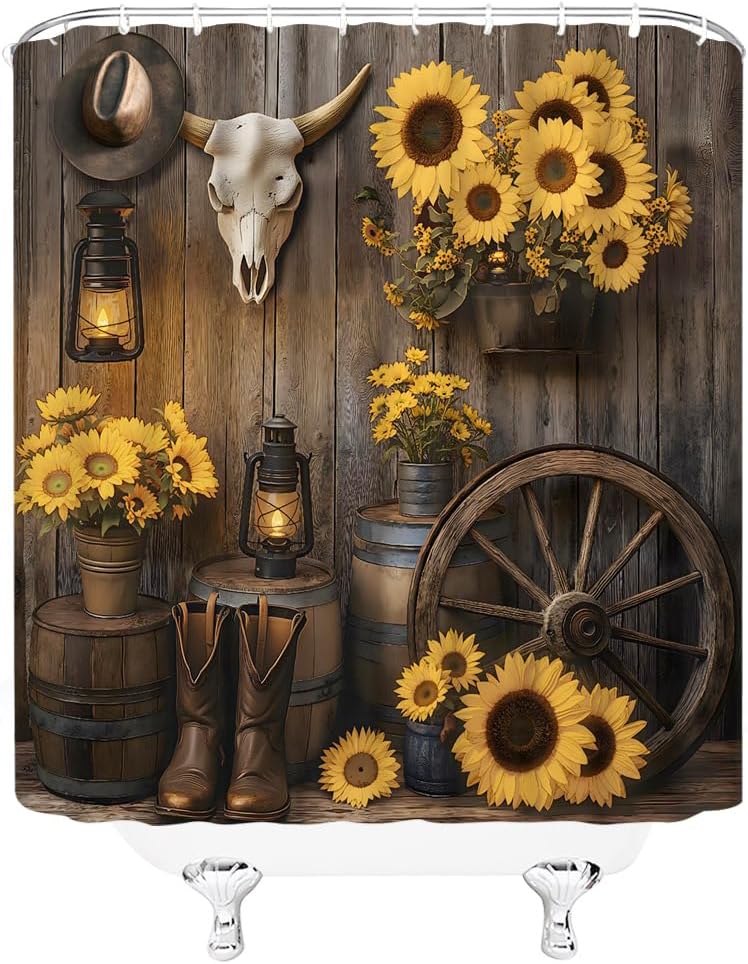 Western Cowboy Shower Curtain Farmhouse Barn Door Southwest Country Cowboy Boots Floral Rustic Southwestern Theme Bathroom Decor Curtains Set with Hooks, 90" W x 70" H