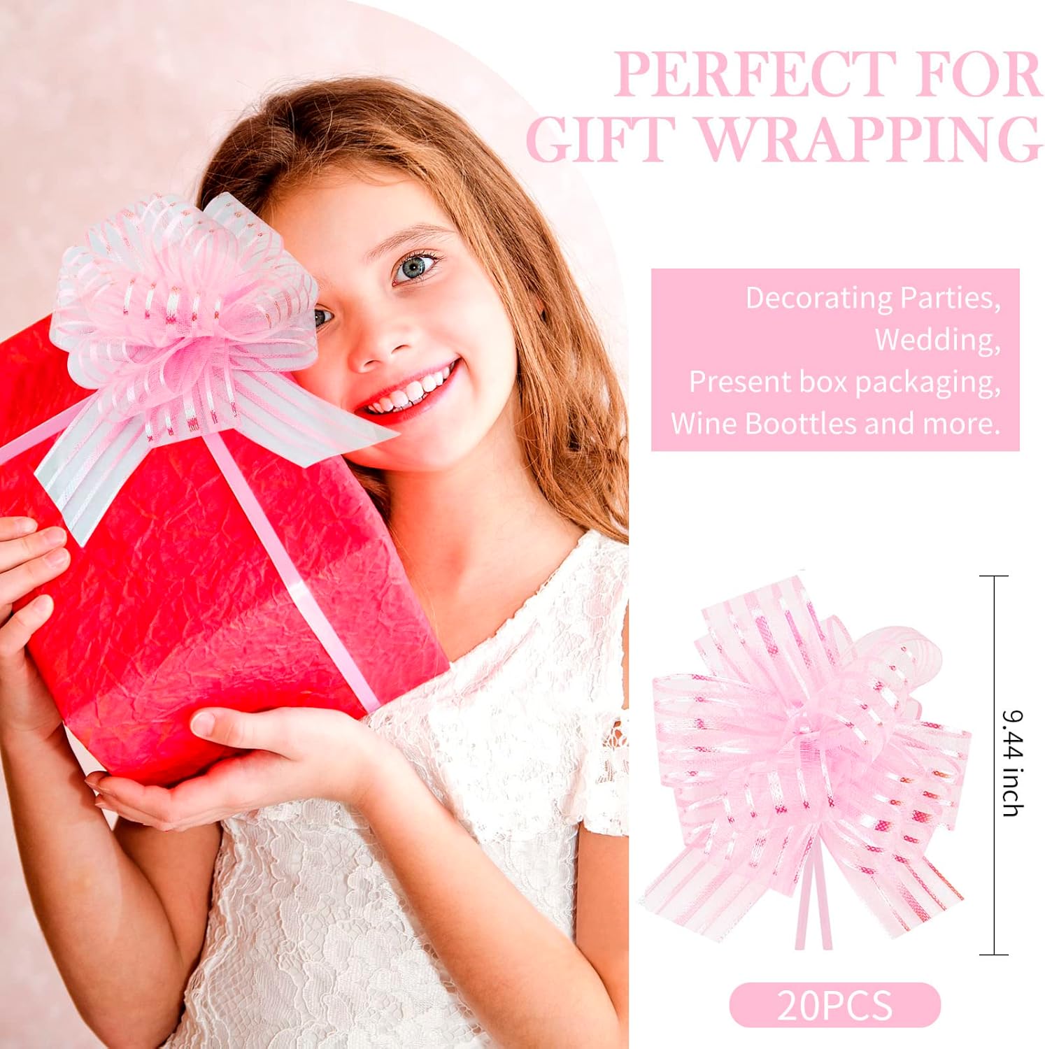 Amcami 20 Pieces Christmas Pull Bows for Gift Wrapping Big Pink Ribbon Bows for Christmas Tree Gift Baskets Wrap Wine Bottles Decoration Ribbon and Bows for Wedding Party Birthdays Decorating - Image 2