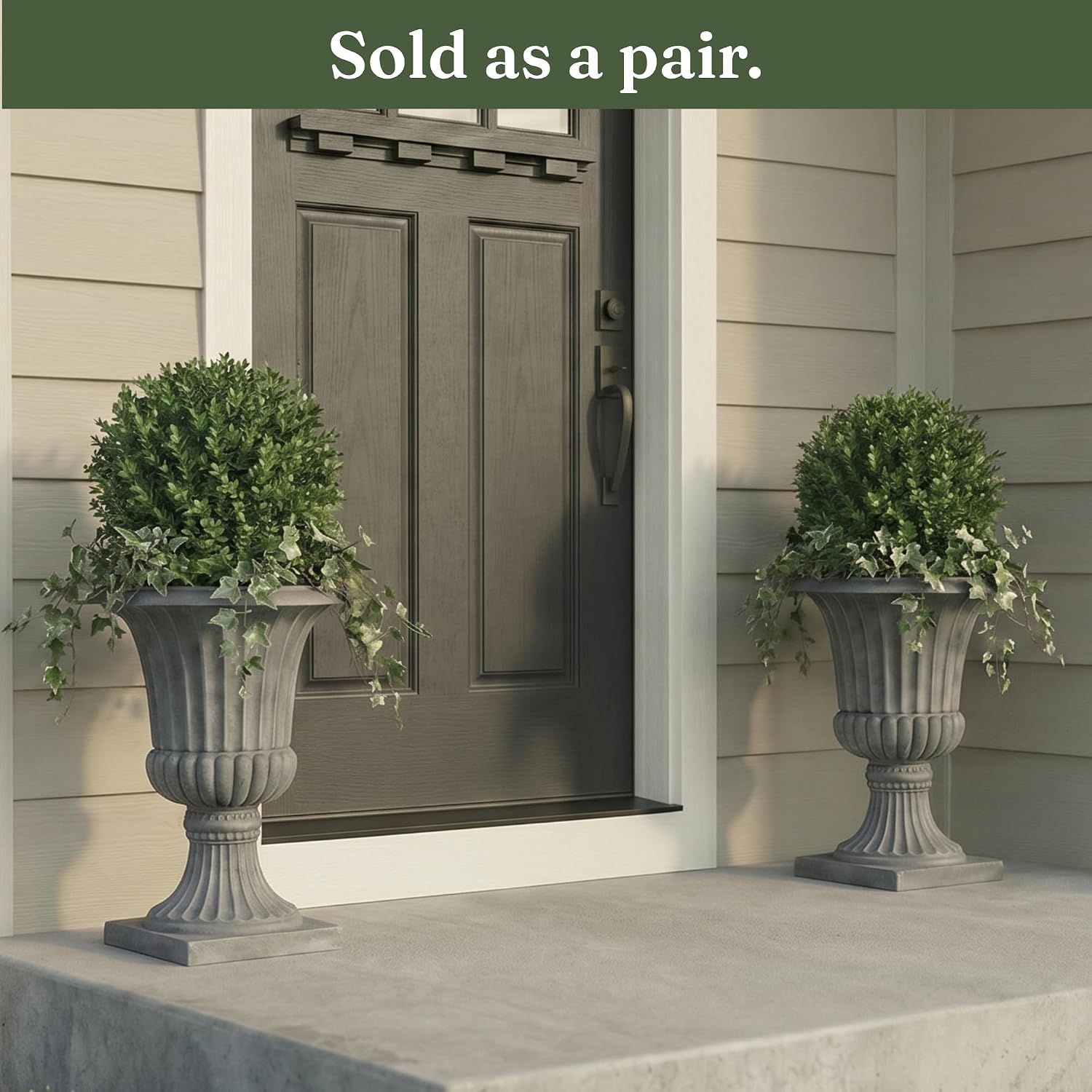urn planters 22", set of 2, tall stone-resin pedestal planters for outdoor plants, large front porch decor, patio garden pots, outdoor urns for entryway, porch & deck, grey plant pot concrete grey