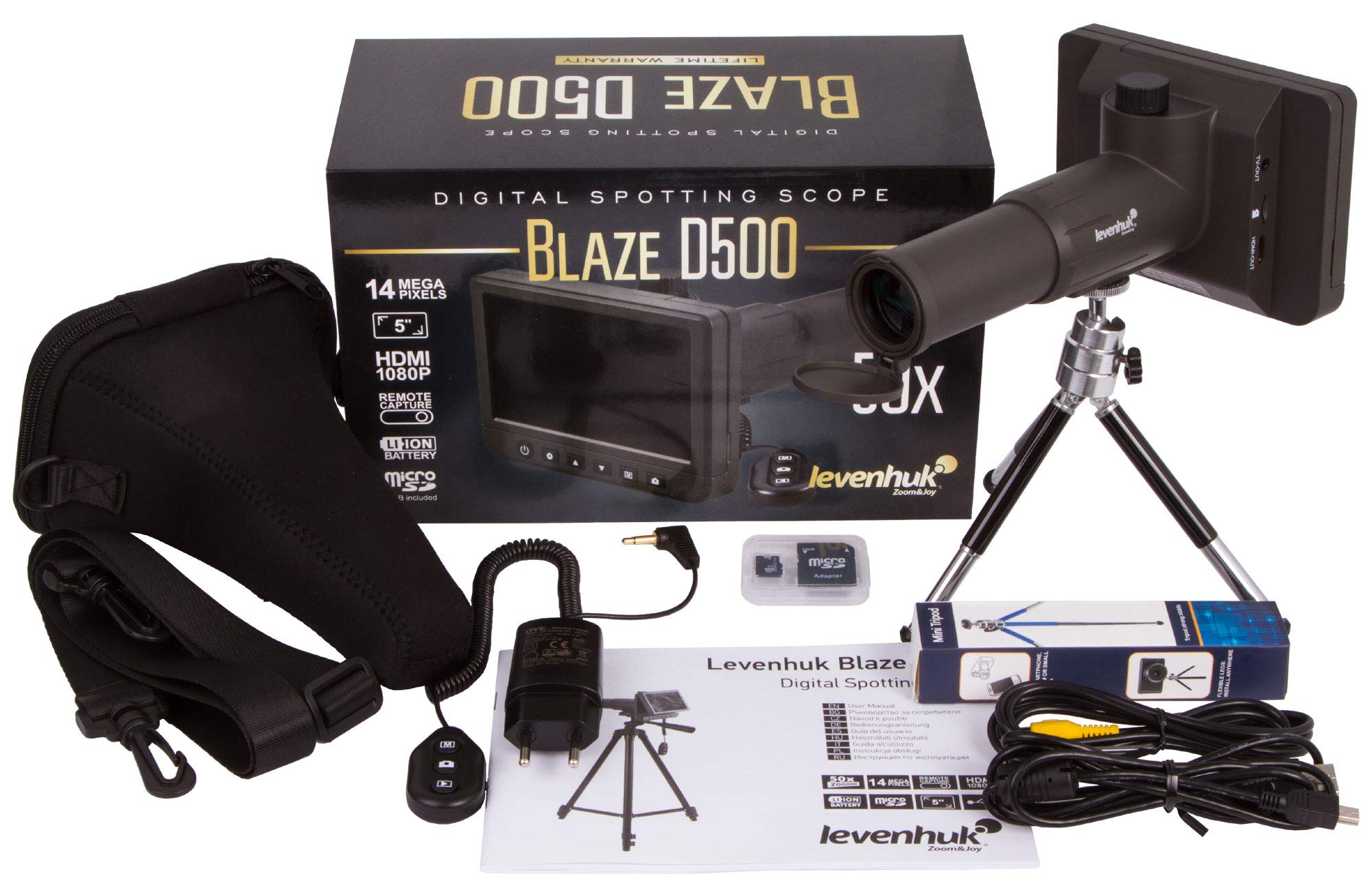 Catalejo Digital Levenhuk Blaze D500 LCD con Ampliación de 20–50x, Cámara Incorporada de 14 Mpx y Control Remoto para Obtener Imágenes de Calidad