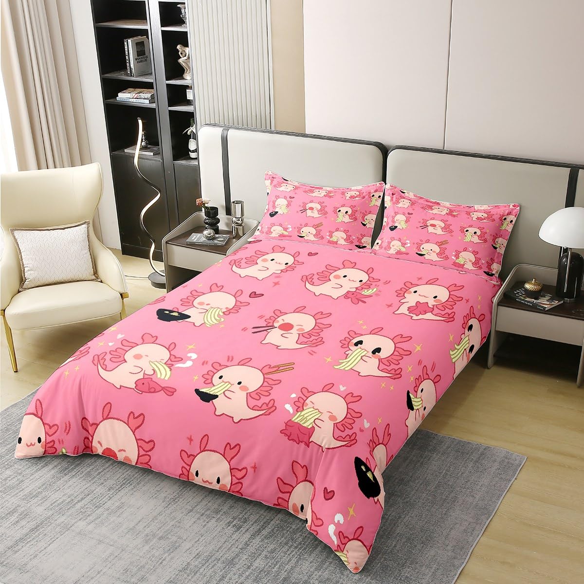 Loussiesd Lustige Axolotl 100% Baumwolle Bettwäsche Set 200x200cm Nette Axolotl Fisch Geschenke für Kinder Jungen Mädchen Bettbezug Ultra weiche Axolotl gezogen Nudeln Muster Betten Bettwäsche-Set