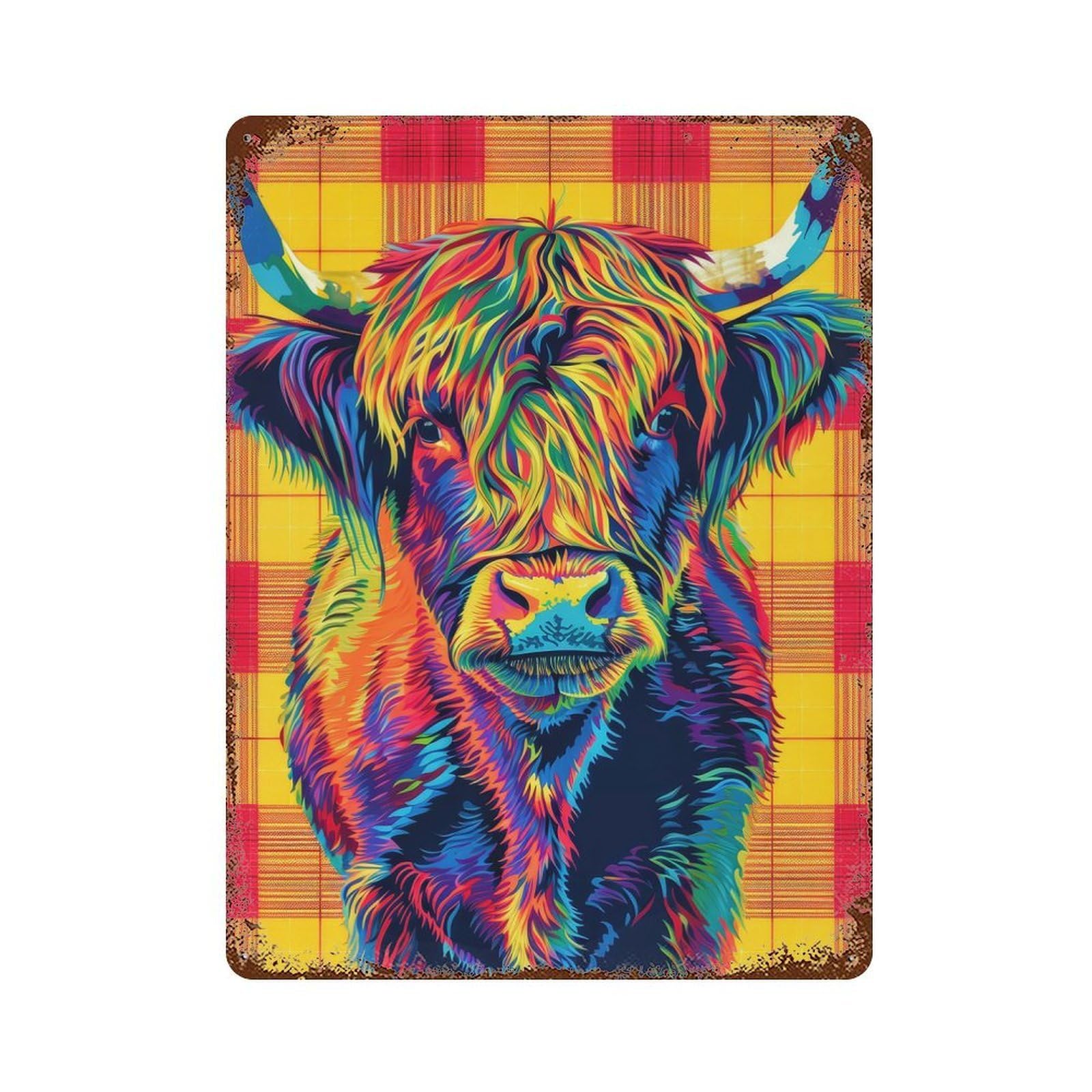 Rust Effect Tartan Highland Cow Weathered Tin Sign 15.7"x11.8", Novelty Wall Decor for Office, Studio And Wall Decor