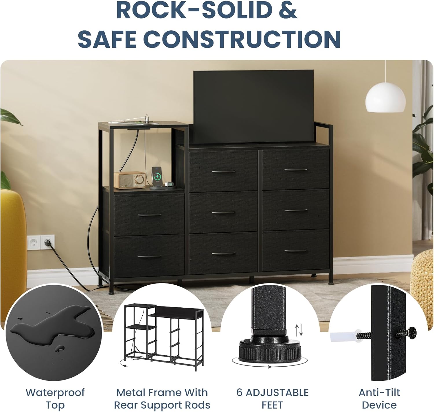 DUMOS TV Stand Dresser with 8 Fabric Drawers & Open Shelves, TV Stand for Up to 45 inch TV with Wooden Top, Entertainment Center with Charging Station for Living Room, Hallway, Black