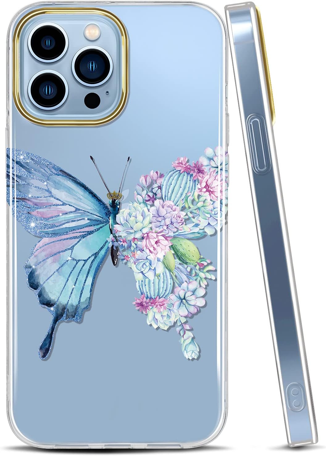 JAHOLAN Clear Case Compatible with iPhone 13 Pro Max Case with Flowers, for Girls Women, Shockproof Glitter Floral Pattern Hard Back Cover Phone Case 6.7 inch 2021 - Butterfly Cactus Purple