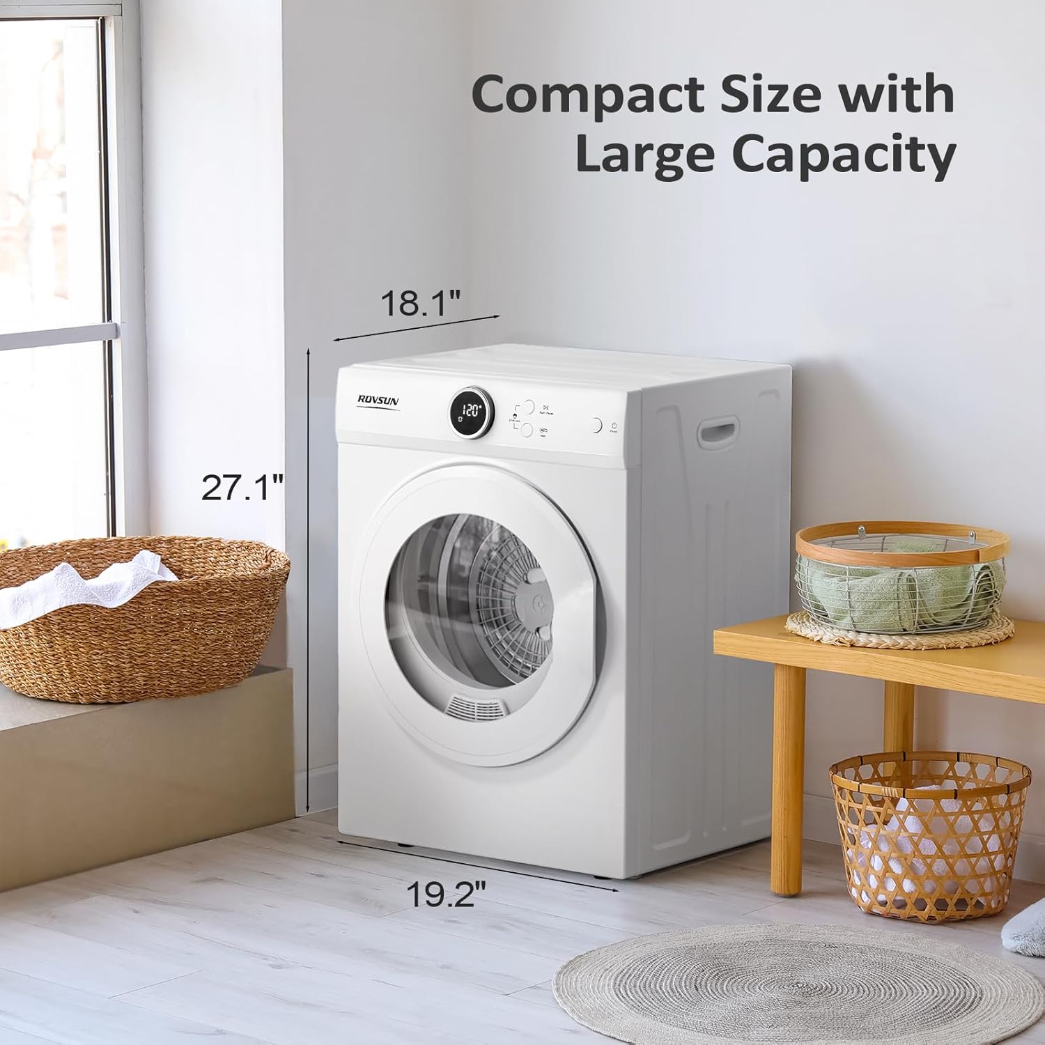 Bonnlo Compact Clothes Dryer, 1.8 Cu.Ft Portable Clothes Dryer with Stainless Steel Tub, Front Load Laundry Dryer for Home, Apartment (Electronic Screen Control)