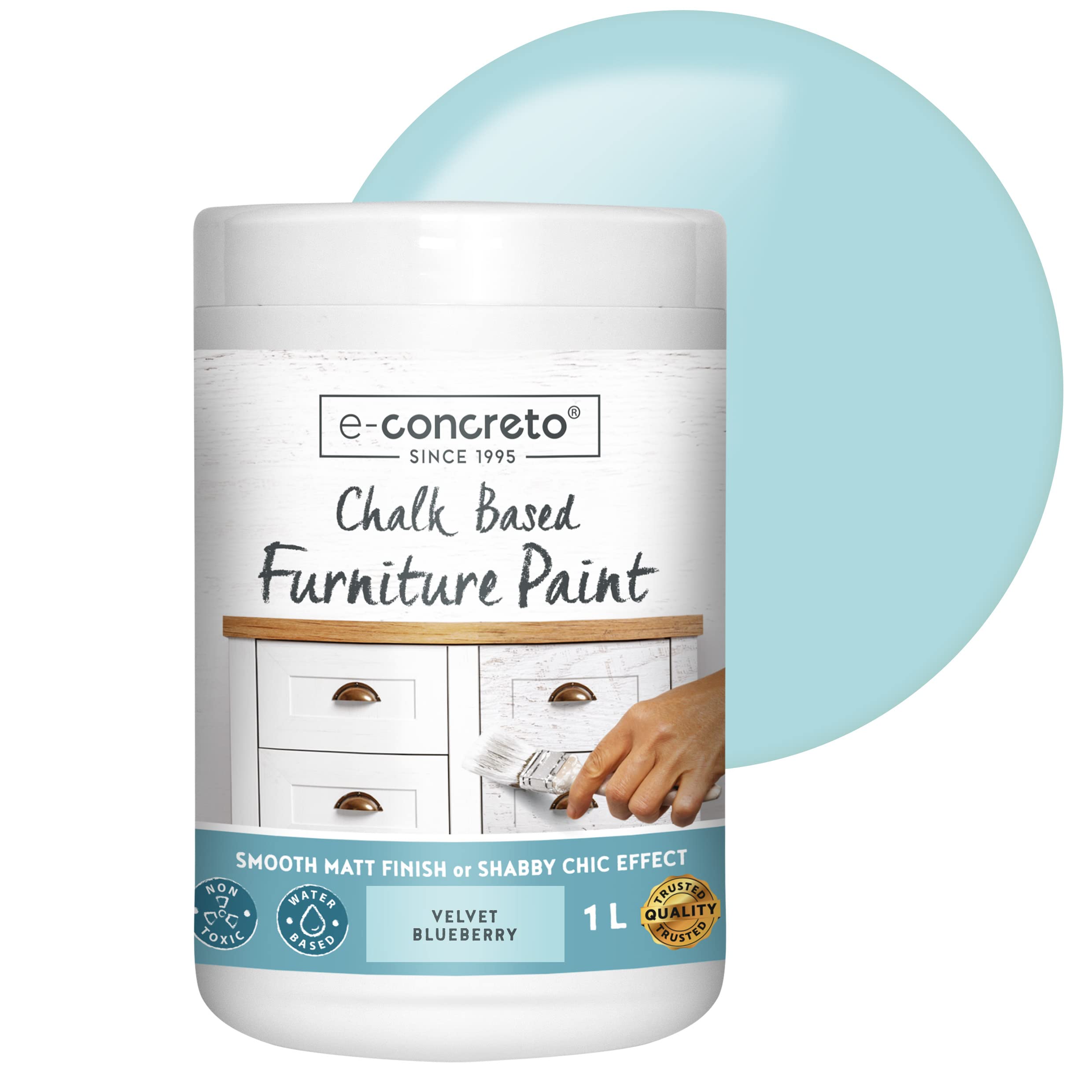 e-concreto Furniture Chalk Paint 1L, Shabby Chic or Matt Smooth Touch Finish | Chalk Paint + Stirrer (Blue)