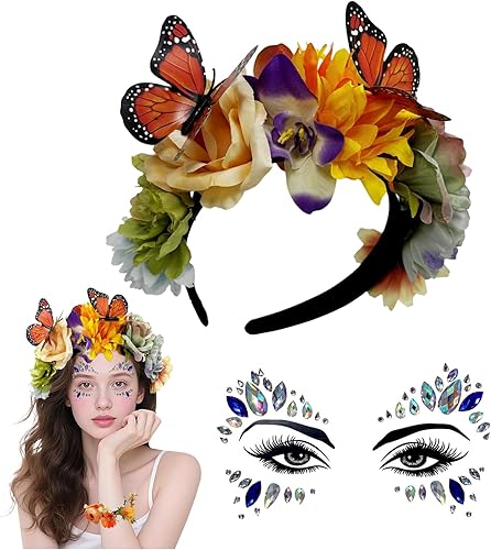 NiceYnn Serre-tête à Couronne de Fleurs Strass Autocollant Visage Bandeau à Chev