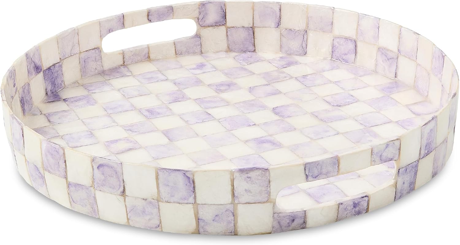 MACKENZIE-CHILDS Capiz Round Tray, Decorative Trinket Dish, Purple-and-White Violet Check