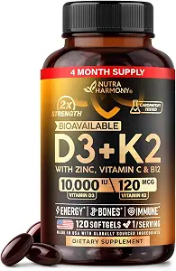 Vitamin D3 K2 - 10,000 IU Vitamin D3 & 120 mcg K2 Softgels - Immune & Bone Support, with Zinc, Vitamin C & B12 - 120 Softgels