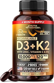 Vitamin D3 K2 - Vitamin D3 10000 iu & K2 120 mcg - Immune & Mood Support, for Bone & Teeth Health - with Zinc, Vitamin C & B12 - Highly Bioavailable - For Men & Women - Made in USA, 120 Softgels