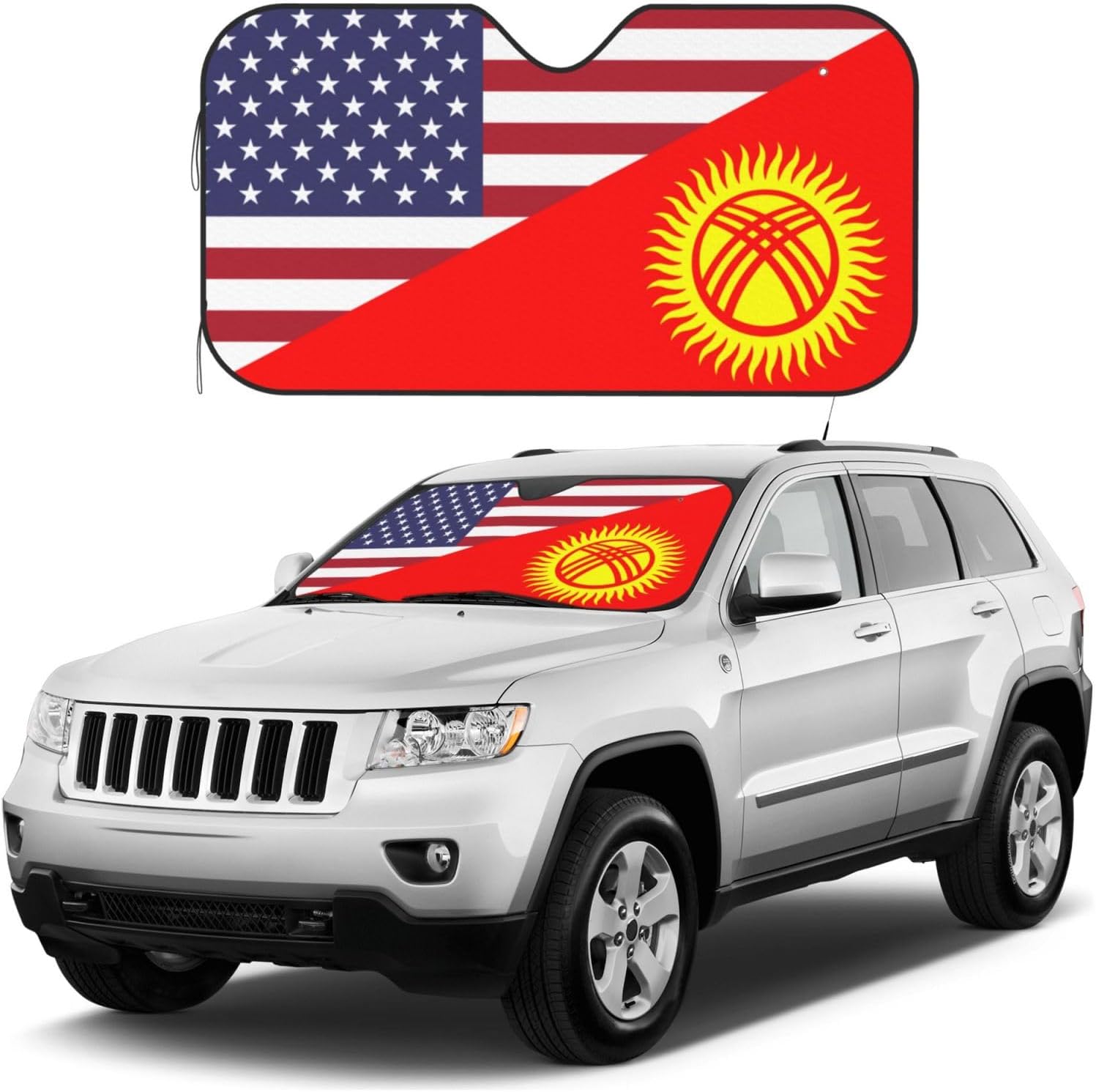 America Kyrgyzstan Friendship Flag Foldable Car Windshield Sunshade Blocks Heat and Sun Glare Uv Rays