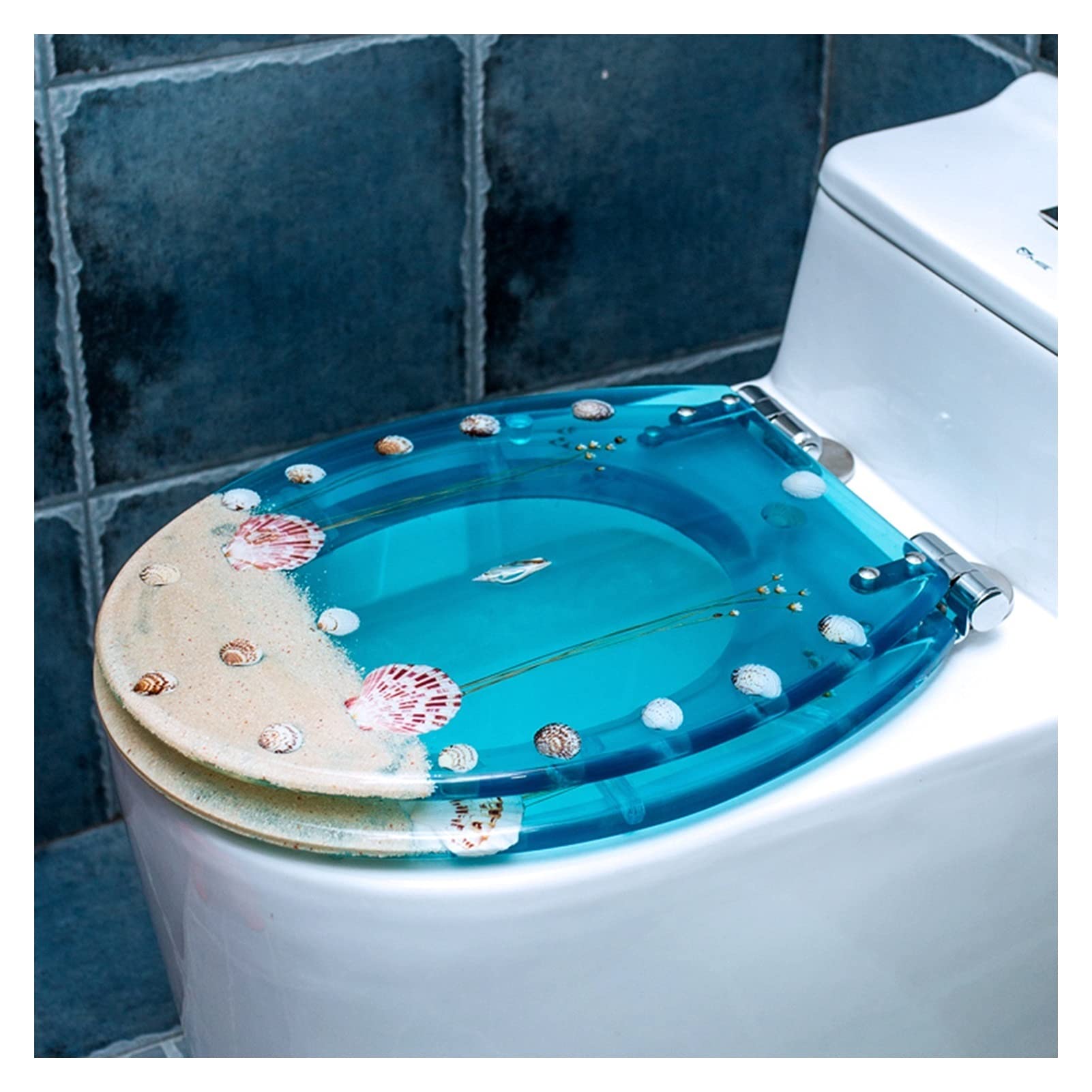 Silent Thick Resin Toilet Lid, 3D Sand Shell Toilet Lid, Stainless Steel Slow-Down Quick-Release Hinge, Easy to Clean, Suitable for O/U/V Toilets