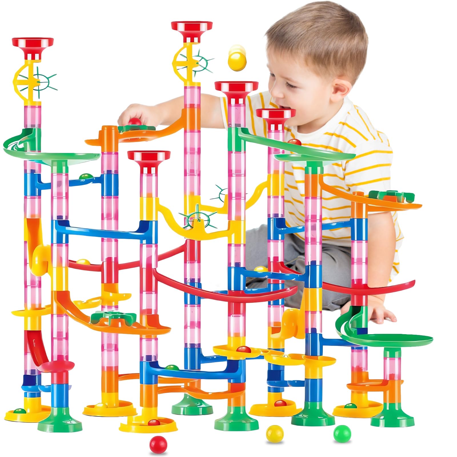 LESSETI Marble Run for Kids - 133 PCS Construction Building Blocks Toys with Plastic Marbles, Maze Marble Track STEM Educational Toy, Birthday Gifts