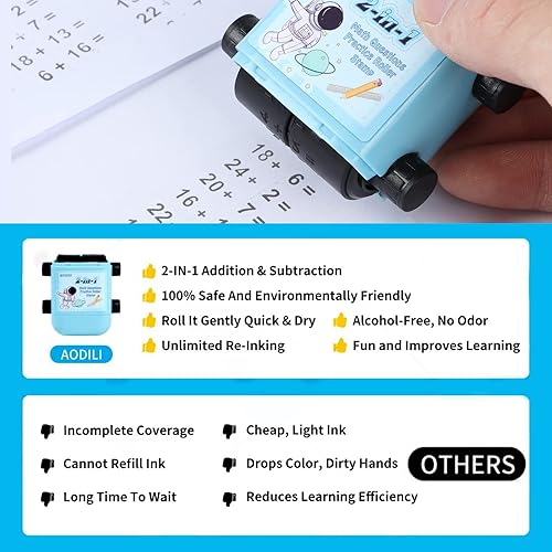 Miniatura 7 de Juego de sellos de rodillo de matemáticas para niños, paquete de 3 repuestos, suma y resta 2 en 1, sellos digitales autoentintados para profesores
