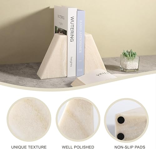 Miniatura 4 de Koville Sujetalibros de mármol para estantes, sujetalibros grandes para libros pesados, antideslizantes, 7 libras, extremos de libros de piedra para