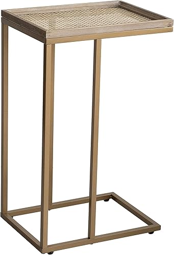 COZAYH Mesa auxiliar de sofá en forma de C de granja con bandeja tejida de madera rústica y metal y marco de metal, mesa auxiliar para sala de