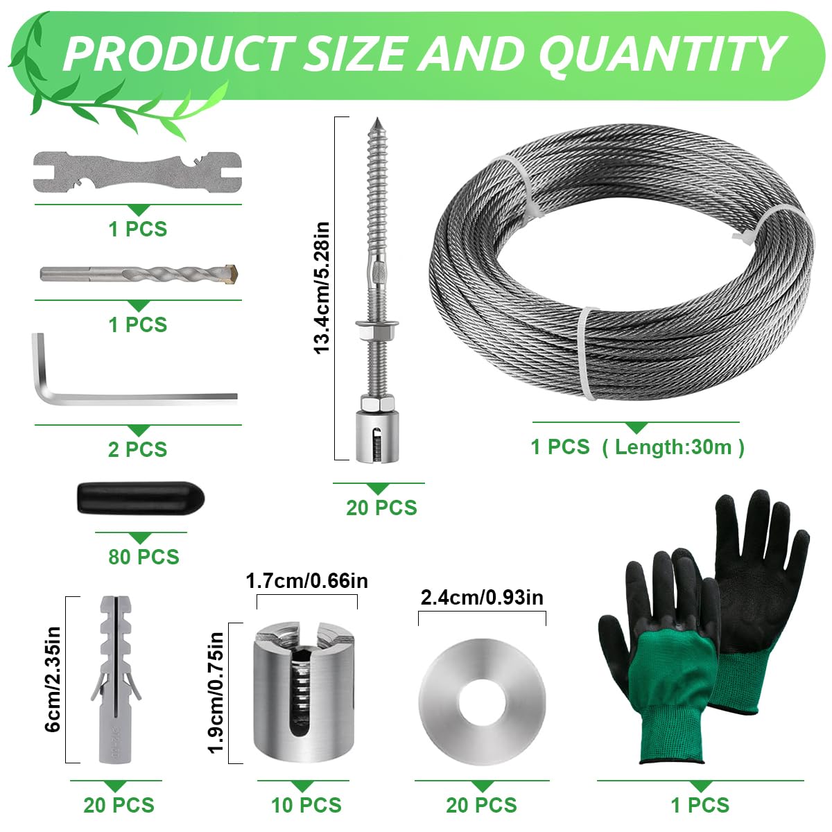 Rankhilfe aus Edelstahl für Kletterpflanzen, für Garten/Mauer/Beton/Zaun | 30M Spalier auf Plantagenstandard, mit 3 mm Durchmesser, Set Drahtseile System Kit für Pflanzen mit Wall Mount Brackets