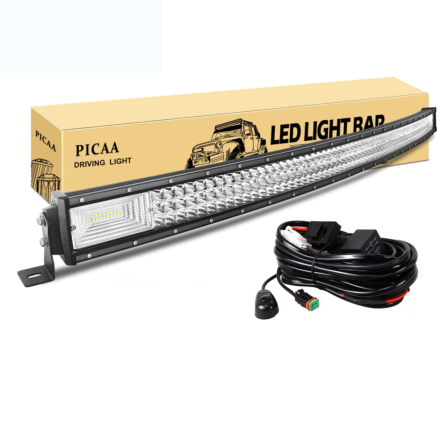 PICAA Listwa świetlna LED 52 cali 130 cm zakrzywiony pasek światła LED trójrzędowy 675 W Flood Led Spot Led Offroad światła robocze z łącznikiem DT Wiązka przewodów do motocykla 4WD SUV ATV UTV Truck