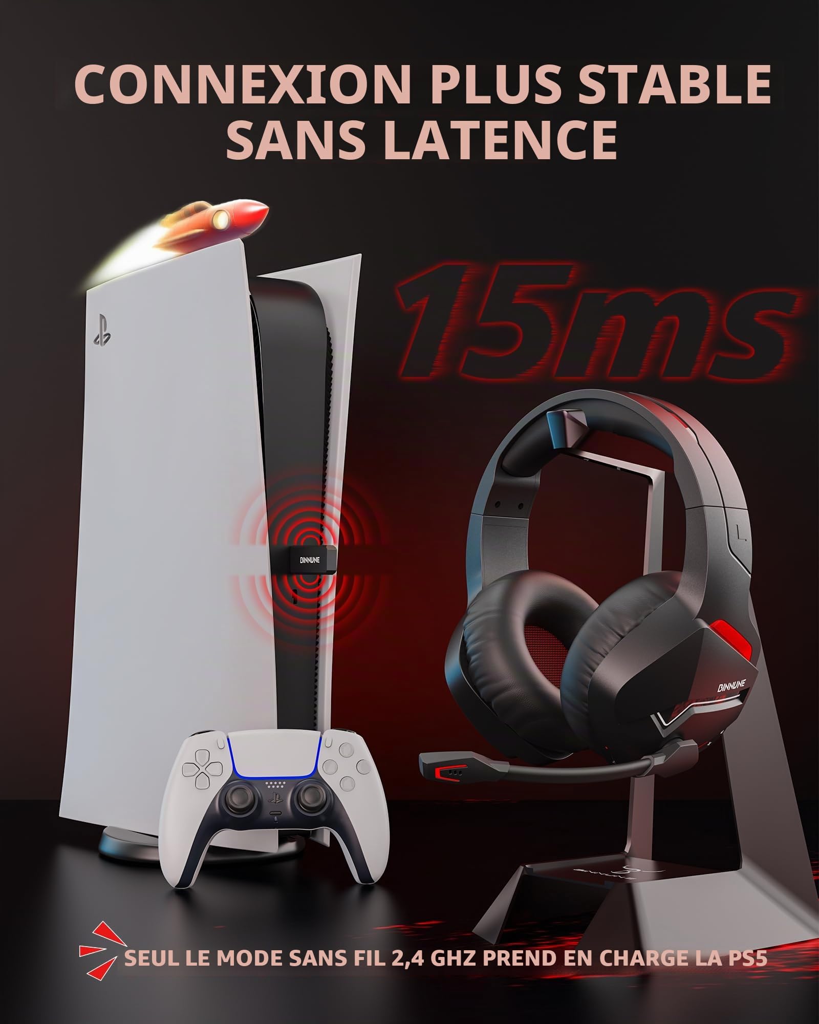 BINNUNE Casque de Jeu sans Fil avec 2,4 GHz pour PS5, PS4, PC, NS, Joueurs FPS, 120 Heures + Bluetooth 5.3 Casque de Jeu avec Microphone Antibruit, Casque de 50 mm pour Ordinateur Portable - Rouge