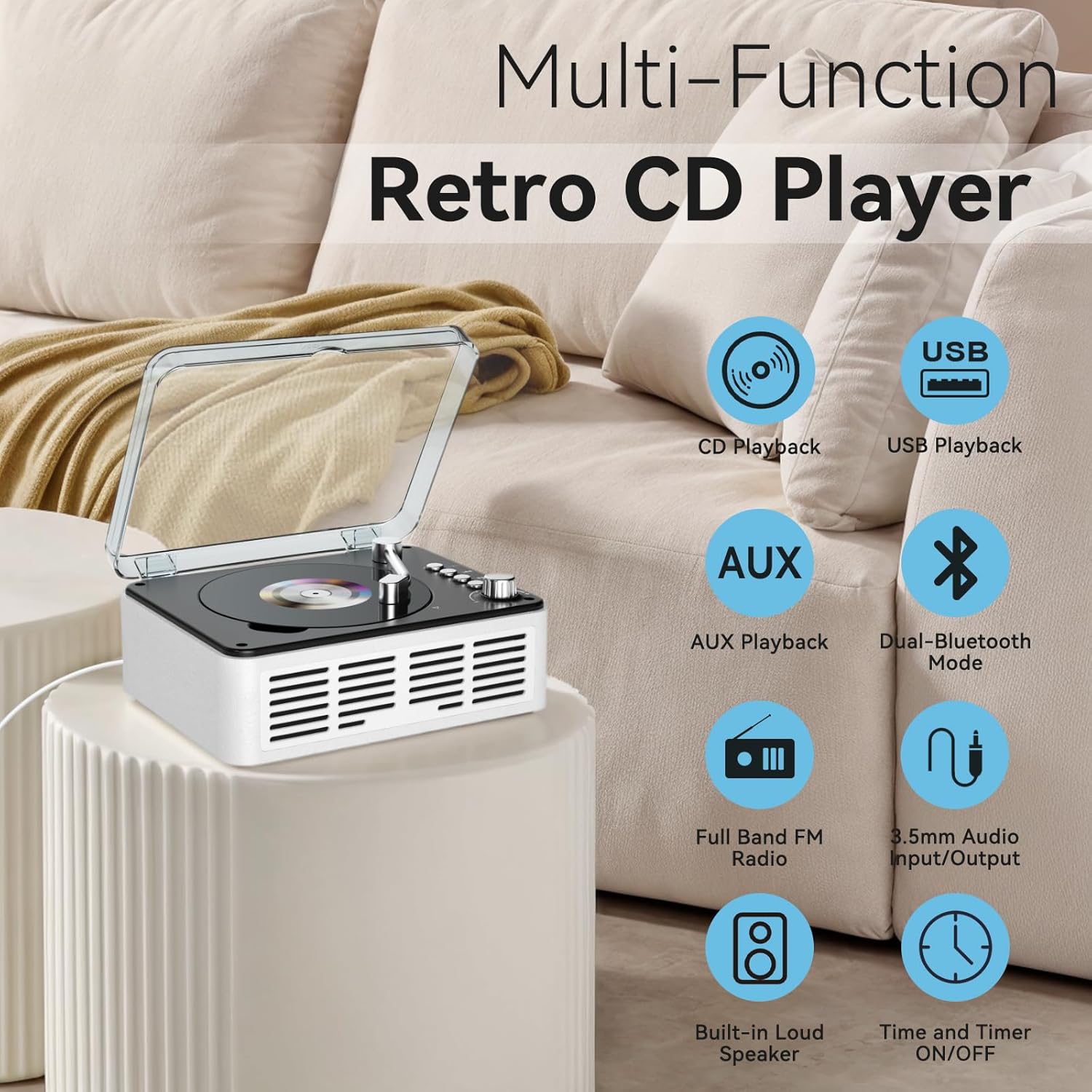 Gueray Vintage CD Player with Speakers: HiFi Stereo Sound Vintage CD Player Bluetooth CD Raido Player with FM Radio Retro Support USB & AUX & TF Card Playback for Audio Books White