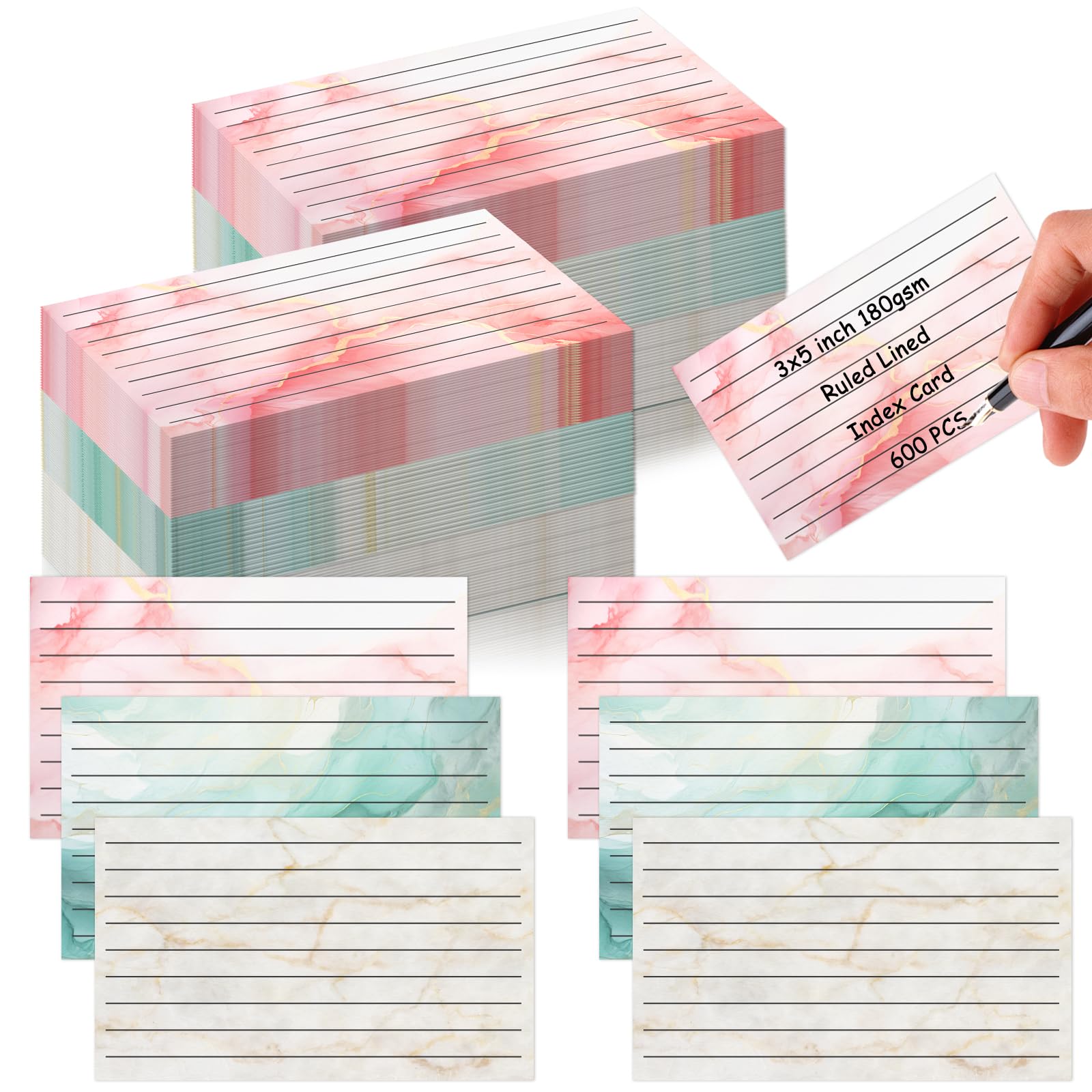 600 Pack Colored Index Cards 3x5 Marble Notecards Lined FlashCards for Studying Heavy Note Cards 180 gsm Memo Cards for Office Home School Supplies