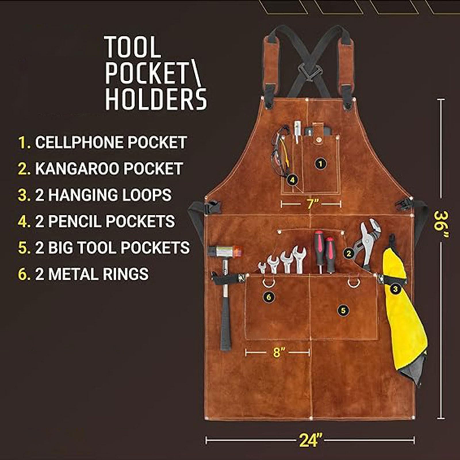 Tablier de Soudeur Professionnel en Cuir pour Homme avec 6 Poches. Tablier de Soudure Durable de Travail Anti-Flamme et Protection pour Forgeron,pour Femmes et Hommes 60 * 90cm