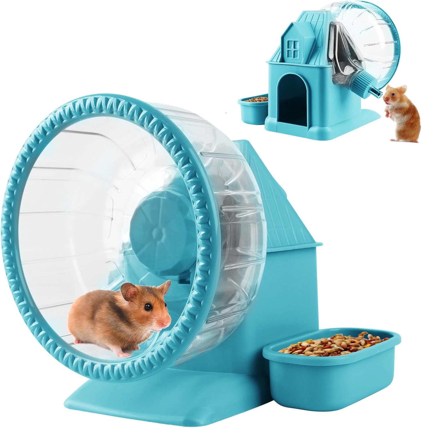 4 in 1 Silent Large Hamster Wheel Multifunctional Hamster Running Wheel Quite Running Spinner Wheel Accessories with Food Bowl Water Bottle for Hamsters Dwarf Gerbil (Pink)