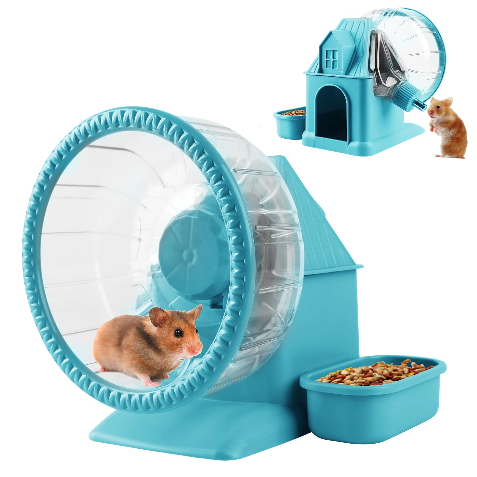 4 in 1 Silent Large Hamster Wheel Multifunctional Hamster Running Wheel Quite Running Spinner Wheel Accessories with Food Bowl Water Bottle for Hamsters Dwarf Gerbil (Blue)