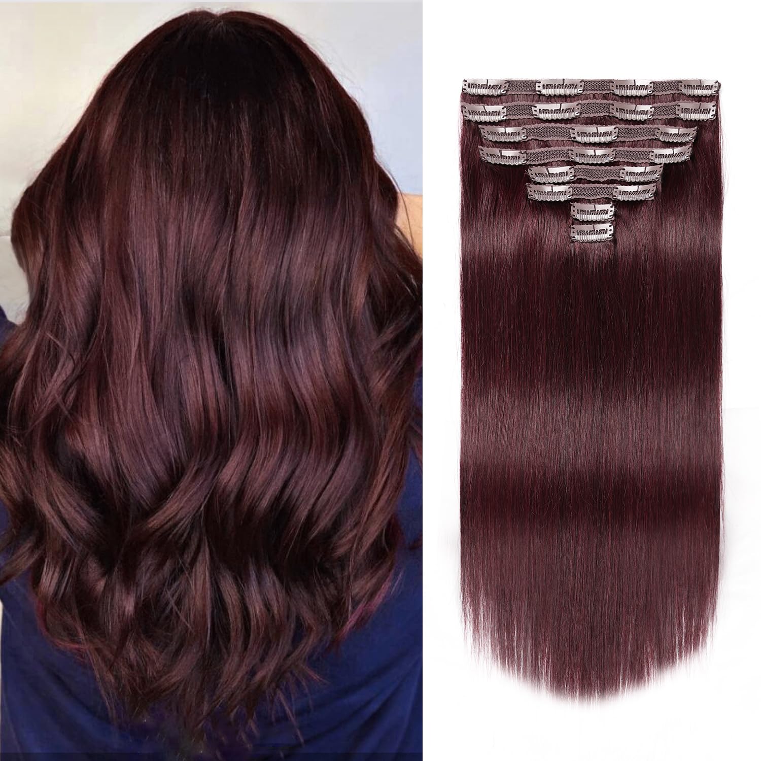 Jiameisi Clip in Hair Extensions Real Human Hair, 16inch Remy Human Hair Extensions Double Weft 120g 8pcs, Wine Red Straight Clip ins for Women, Ideal