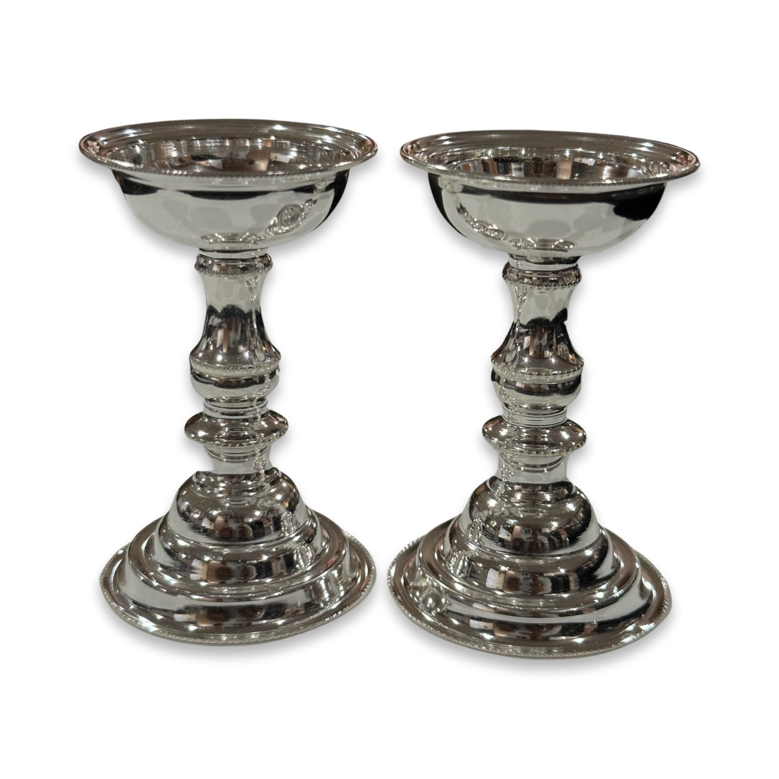 925 Sterling Silver Hallmarked Small Round Diya / Kuthuvilakku Pair - Indian Arti (3.0" Diya Pair, Wt = 45g)