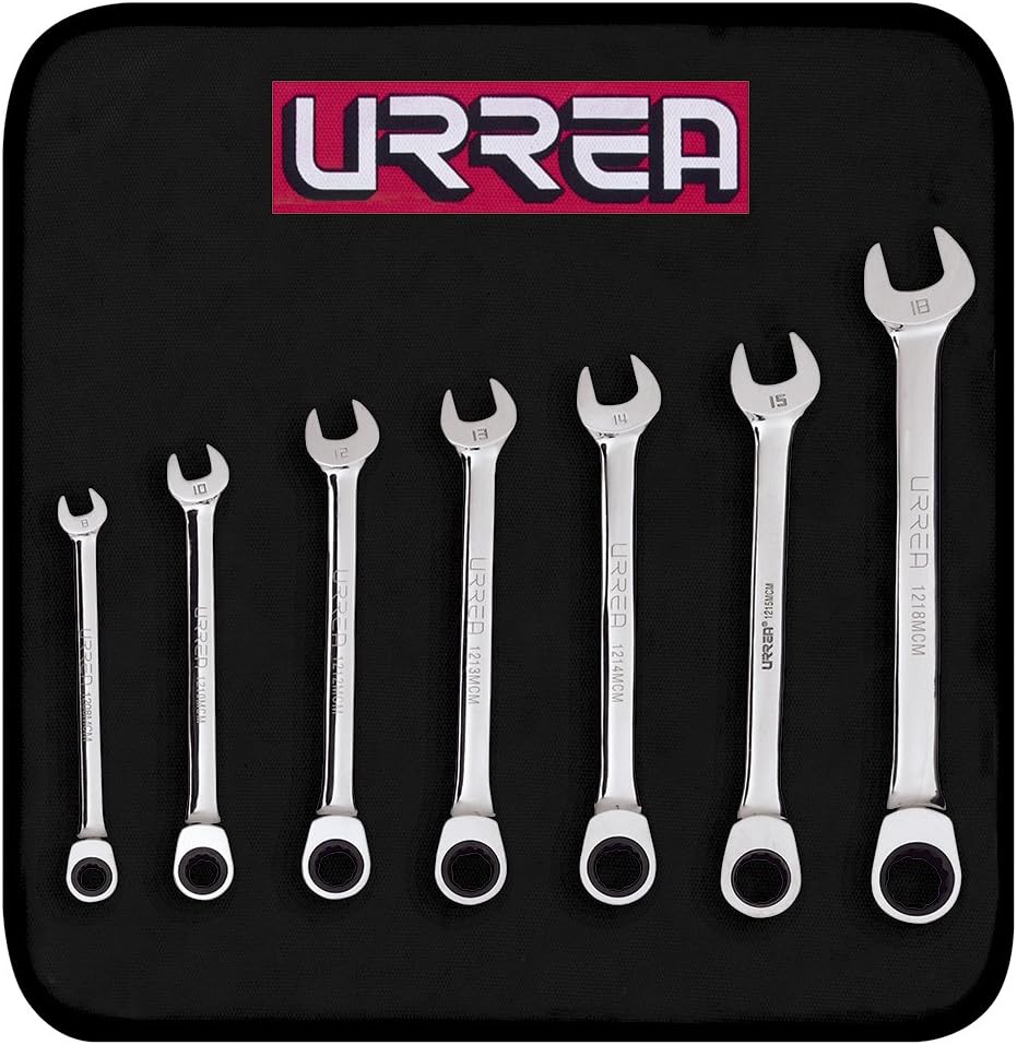 URREA 12-Point Ratcheting Combination Wrench Set - 7-Piece Mechanics Tool Set with 5 Degree Swing Arc & Fully Polished Nickel Chrome Finish - 1200MCM