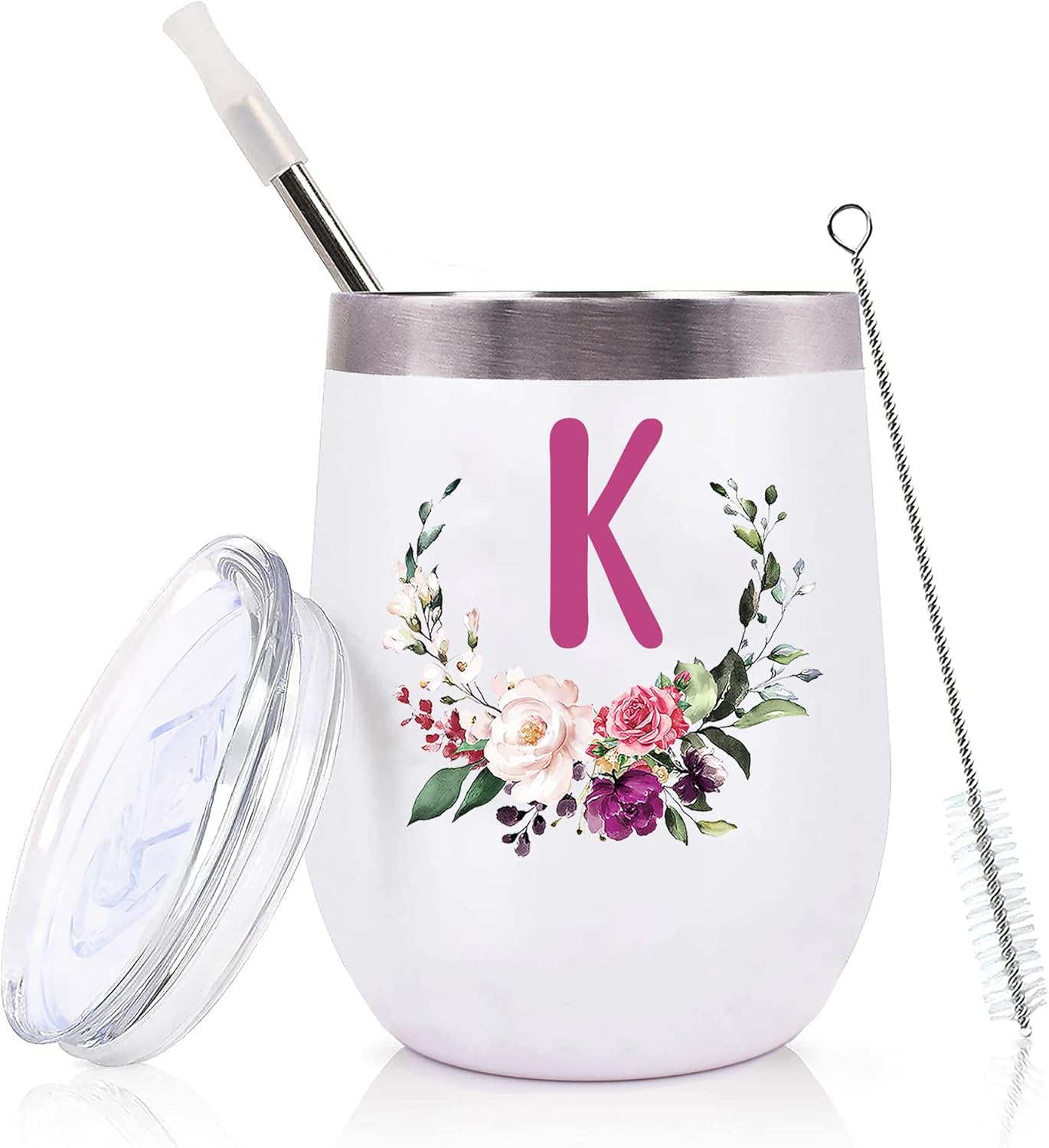 PFL Women Birthday Christmas Gift-Wedding Gift for Maid of Honor From Bride-Bridal Shower for Bridesmaid Best Friend Sister-Bachelorette-12oz Monogrammed Tumbler Wine Coffee Mug-Initial Letter K