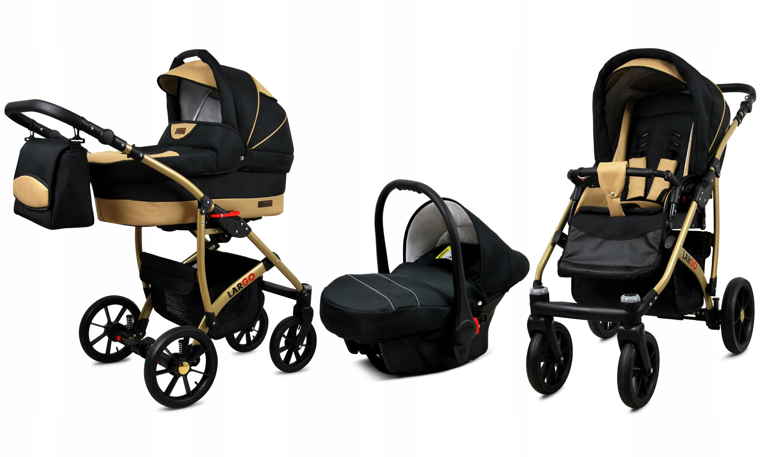 BabyLux® Zestaw wózków dziecięcych 3 w 1 – Largo – w zestawie wanienka dla niemowląt, fotelik sportowy, fotelik samochodowy – zestaw wózków dziecięcych z torbą do przewijania, osłoną przeciwdeszczową