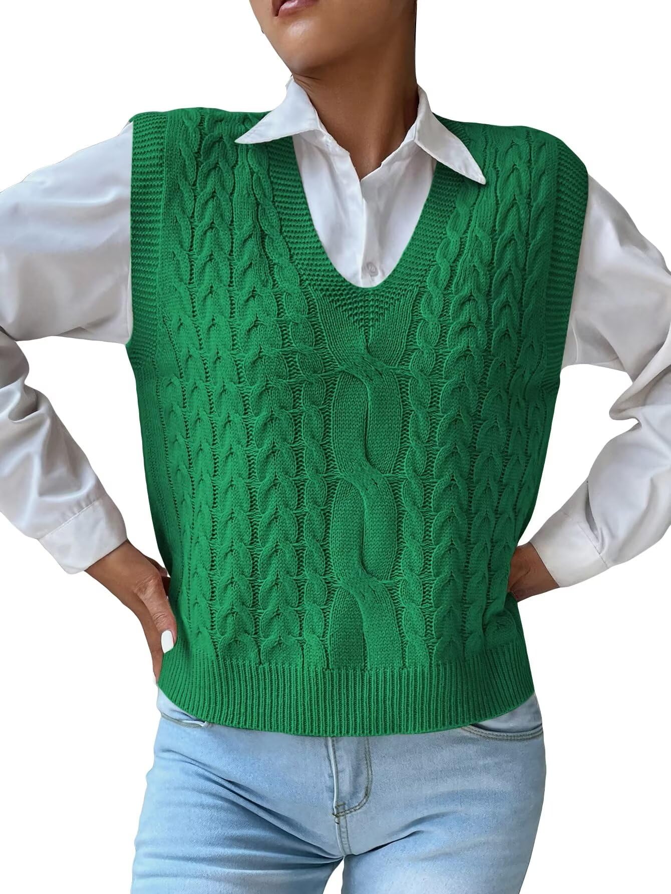Womens Sweater Vest Cable Knit Casual V Neck Ribbed Preppy Pullover Tops Sleeveless-picture-43
