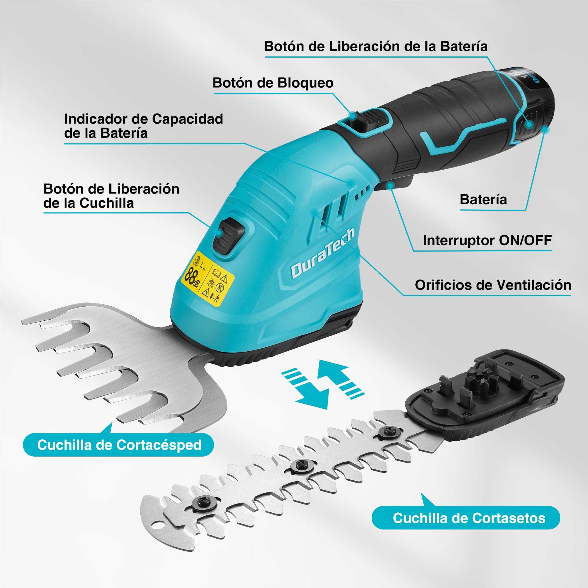 DURATECH 12V Tijera Cortacésped y Arreglasetos 2 en 1, Tijeras Eléctricos de Jardín con Alargador, Batería y Cargador, Cortasetos Eléctrico para Césped y Arbustos, para Jardinería